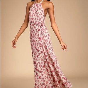 Lulus Cream Floral Pleated Halter Maxi Dress Size Small. Worn once for an event.